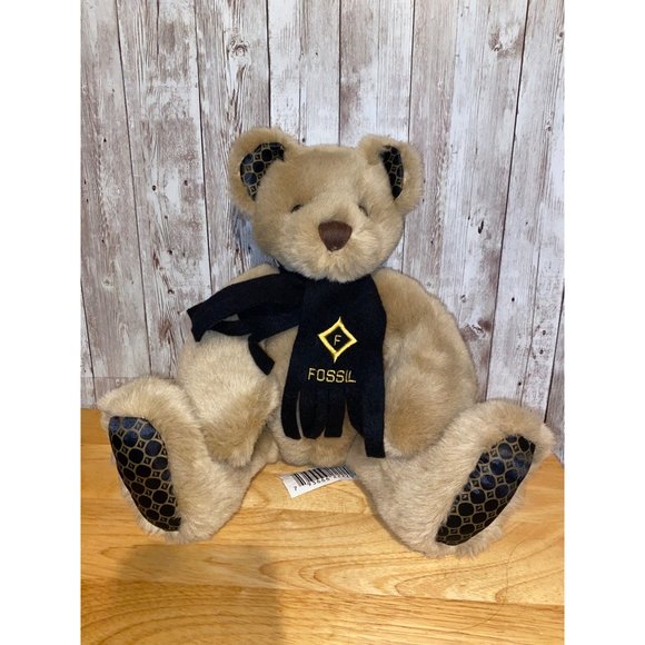 Authentic Fossil 13” Tan Plush Bear Black & Gold Felt Scarf Stuffed Animal Toy - Picture 1 of 14